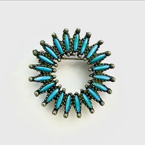 Vintage Zuni Needle Point Turquoise Sterling Silver Pin / Brooch